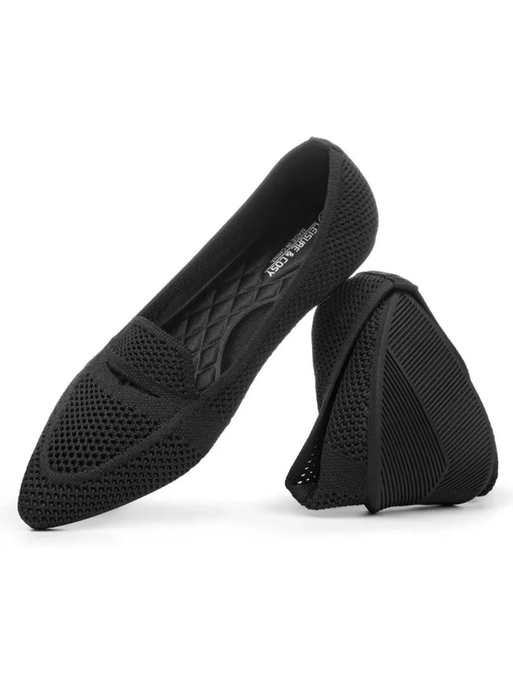Womens Black Pointed Toe Penny Dressy Ballet Knit Mesh Slip On Flat Loafer Shoes